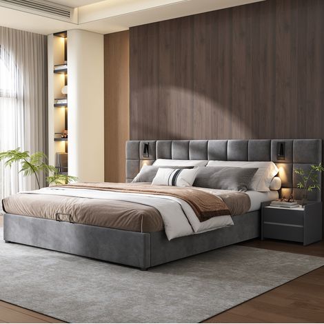 Polsterbett 180x200cm Grau Stauraum Bett mit Leselampe & USB (1/5)
