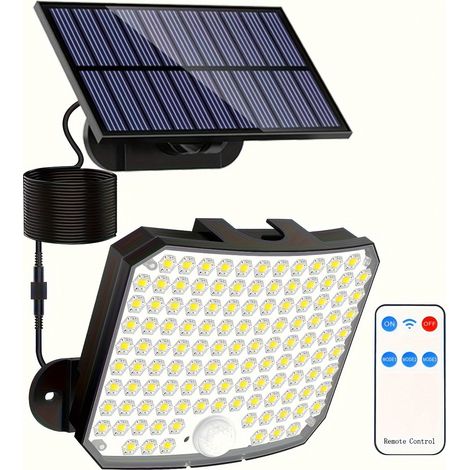 Lampe Solaire Extérieure 118 LED avec Télécommande, Applique Murale Solaire à Panneau Séparé, Détecteur de Mouvement PIR et Capteur Crépusculaire, 3 Modes d’Éclairage, Blanc Froid, IP65 Étanche, pour (1/4)