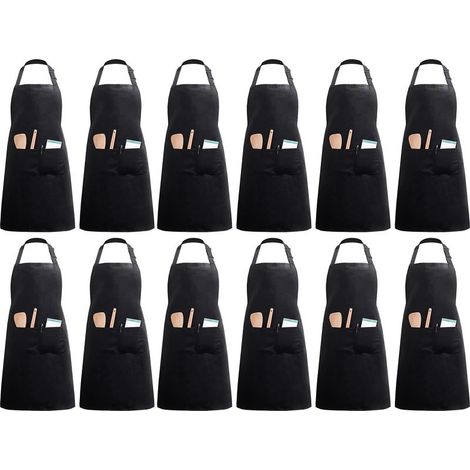 12 Pack Kitchen Aprons with 2 Pockets, Adjustable Cooking Aprons for Women and Men, Chef (Black Polyester) (1/5)