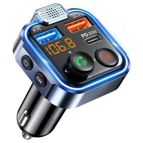 Transmetteur FM Voiture, Allume Cigare Bluetooth 5.3 Émetteur Radio, Chargeur Rapide PD 20W Type C+ QC3.0, Appels Mains Libres, Lecteur de Musique MP3 Basse Support U Disk (1/5)