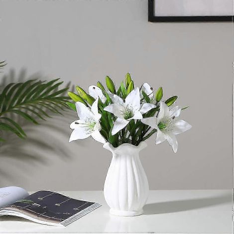 Bouquets de lys blancs artificiels LX, réalistes et faciles à manipuler. Parfaits pour la décoration florale de votre maison ou pour un mariage. WHBYV (1/4)