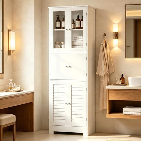 Meuble de salle de bain haut, armoire de rangement avec 6 portes, 2 portes vitrées et 2 portes coulissantes, étagères réglables, gain de place (1/5)