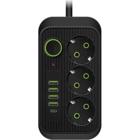 Multiprise 3 Prises, 4 Ports USB + 1 USB-C, Multiprise avec Interrupteur, Câble 2m, Parafoudre et Surtension, 2500W (Noir) (1/5)