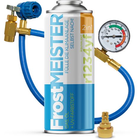 FROSTMEISTER 2in1 400ml - Bomboletta R1234yf + Tubo con Manometro + Adattatore KIT SELF-SERVICE ARIA CONDIZIONATA