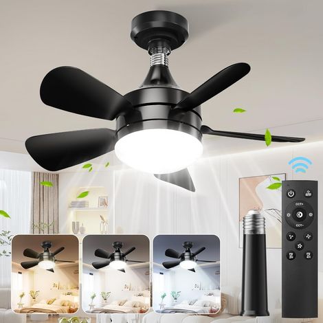 Petit Ventilateur de Plafond avec Lampe avec Télécommande, E27 Ventilateur Silencieux Amovible Avec Tige D'extension, 3000K-6000K, 3 Vitesses, Luminosité Réglable, Timer, Ø46cm, Noir (Sans Douille)