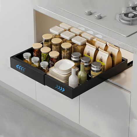 Organisateur d'armoire de cuisine extensible - Tiroir télescopique pour armoires Sans perçage 32-52 x 42 7 cm (l L H) Noir (1 pièce) (1/5)