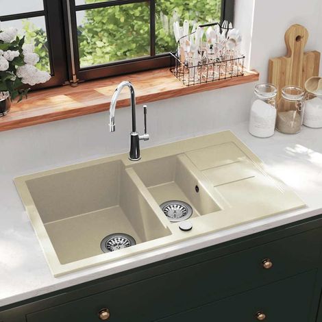 vidaXL Évier de cuisine Granit Double lavabo Beige (1/5)