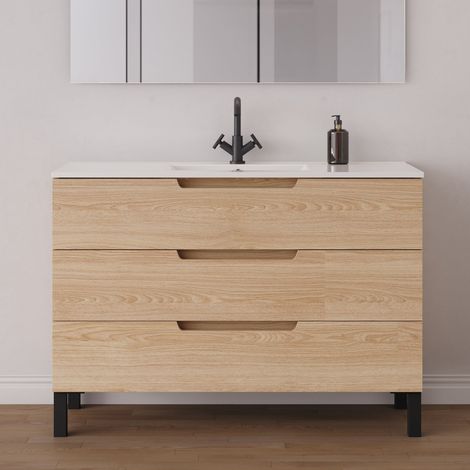 Meuble de salle de bain 120cm simple vasque - 3 tiroirs - sans miroir - roble era (chêne clair) - RIZA (1/5)