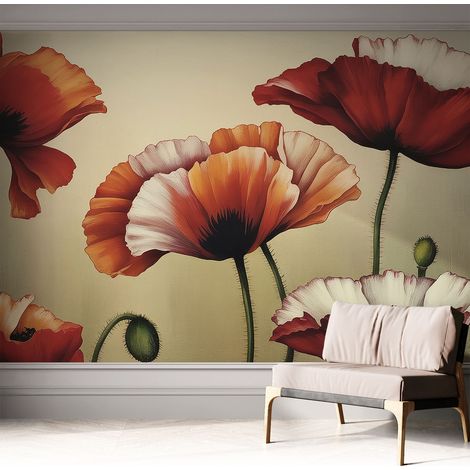 Papier peint adhésif autocollant pour salon chambre à coucher peint imprimé pour mur Coquelicots joyeux 312x219 cm (1/5)