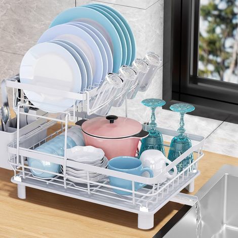 Égouttoir à vaisselle blanc à 2 niveaux en acier inoxydable pour comptoirs de cuisine, livré avec couverts, porte-gobelets et égouttoir (1/3)