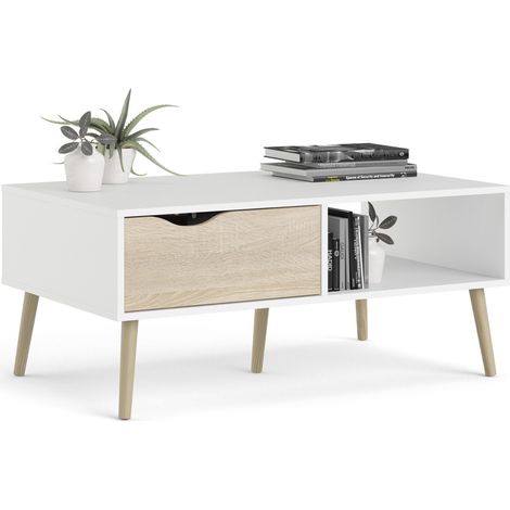 tavolino da soggiorno "oslo" bianco con cassetto e gambe quercia, 98,7x60,2x43,3 cm (1/5)
