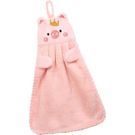 Serviette pour enfant en velours corail avec motif cochon mignon, absorbante et suspendue, idéale pour la cuisine et la salle de bain (rose). (1/5)