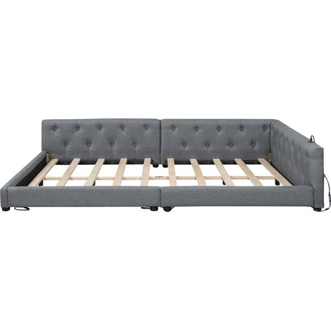 Cama tipo diván 140 x 200 cm de lino gris con lamas, LED y puertos USB Tipo-C (1/5)