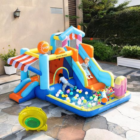 Gonflable bleu avec toboggan aquatique et aire de jeu (1/5)
