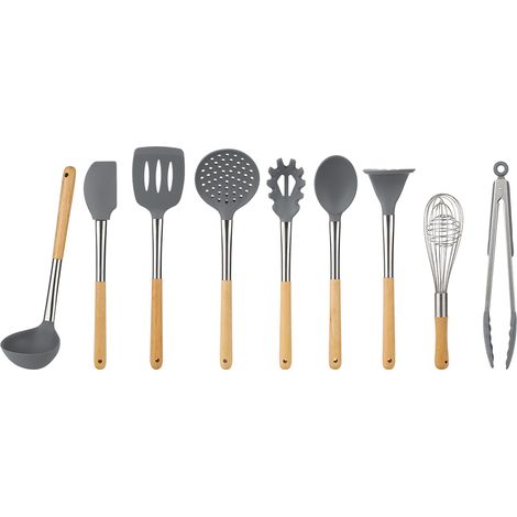 Ensemble de 9 ustensiles de cuisine, silicone antiadhésif, manche en bois, résistance 250°C, pour cuisson quotidienne(Q3 : Nouveaux produits pour le mois d'août) (1/5)