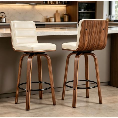 Pack de 2 taburetes de bar giratorios 360° en PU con patas de haya color crema HAVRYA (1/5)