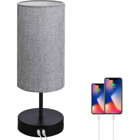 Lampe chevet intensité variable – 2 USB + 1 prise, abat-jour gris, E26 7W incluse. (1/5)