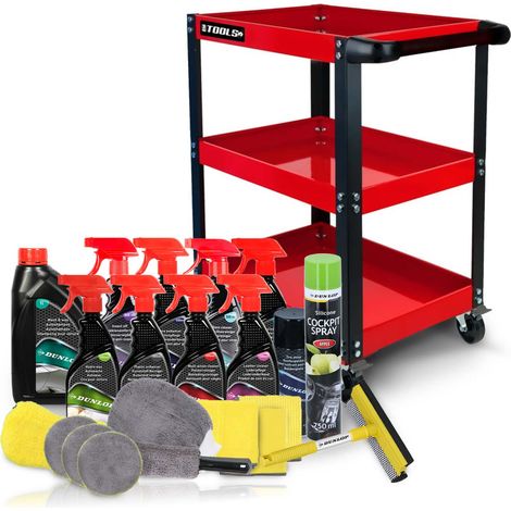 Chariot de Servante 3 Étages sur Roulettes BMTOOLS et Kit Nettoyage Auto Complet 21 Pièces Pomme DUNLOP (Shampoing, Micro, ...)