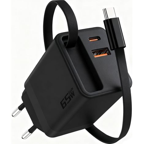 Chargeur USB C 65 W - Chargeur rapide à 3 ports avec câble rétractable de 67 cm - Connecteur de charge rapide USB C GaN pour iPhone 16 15 14, MacBook Pro, Samsung Serie, tablette (avec câble de (1/5)