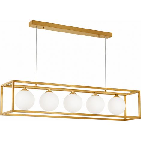 Lampadario a sospensione lineare 100 cm con 5 sfere in plastica opalina, struttura in ferro oro, ideale per tavolo, cucina e soggiorno (1/5)
