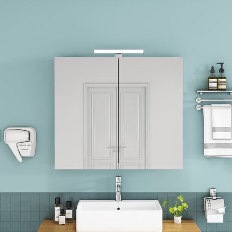 Mobile specchio da bagno sospeso 80 cm, 2 ante, LED e presa francese, bianco OKMYHOME (1/5)