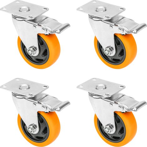 HMF 6710 Schwerlastrollen aus Polyurethan mit Bremse, 4er Set, 100 mm, Orange