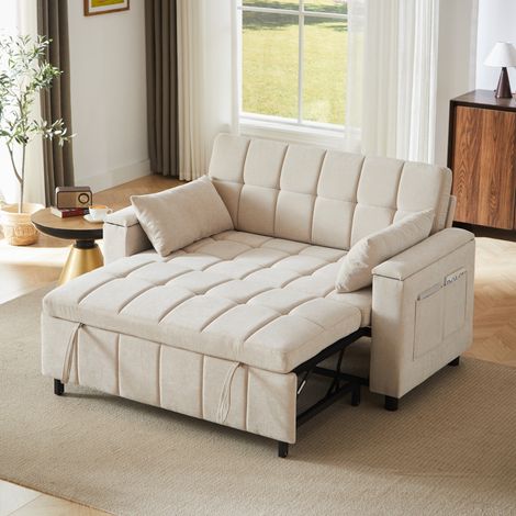Canapé-lit convertible 148,6x81,3x86,4 cm en chenille beige, avec rangement, salon FloraGrace (1/5)