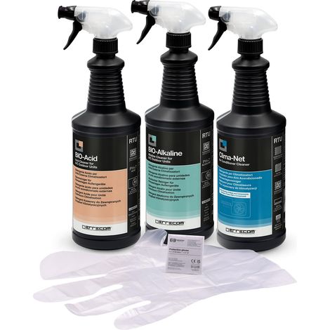Errecom Kit pulizia completa climatizzatori, include Clima-Net 1L per pulizia unità interna e filtri, Bio Acid 1L e Bio Alkaline 1L con tensioattivi biodegradabili per pulizia unità esterna, guanti (1/5)
