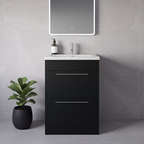 Napoli 460 Nero Oak 600mm 2 Drawer Vanity Unit with Glide Basin - 600mm - Chrome 320mm Handle
