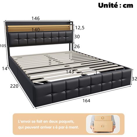 Dans Les Nuages – Lit coffre 160x200 cm avec éclairage LED – Rangement hydraulique – Charge USB-A/C – Sommier à lattes en bois – Similicuir noir