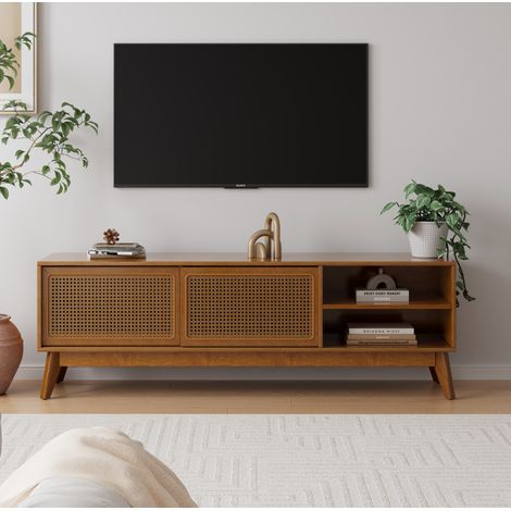 Mobile porta TV vintage in rattan, 150 cm, adatto a televisori fino a 165 cm, con vani a giorno e chiusi, gambe in legno, finitura noce. (1/5)