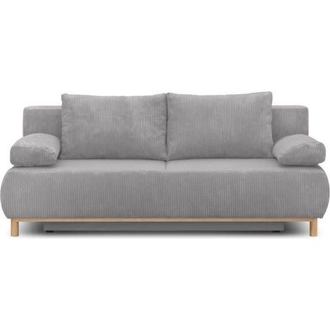 Canapé convertible - 3 places - MIKA - Velours côtelé gris clair - Coffre de rangement - L 192 x H 84 x P 93 cm (1/5)