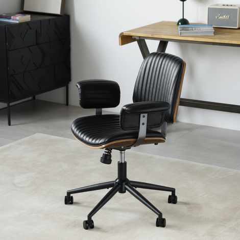Sedia da ufficio in pelle nera dal design moderno di metà secolo, ergonomica, regolabile e girevole a 360° (1/5)