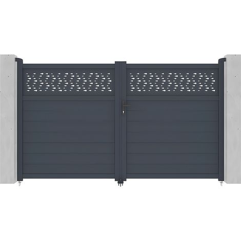 Vente-Unique – Portail battant aluminium semi plein anthracite L305 x H181 cm – Ouverture manuelle – Résistance au vent jusqu’à 72 km/h (1/4)