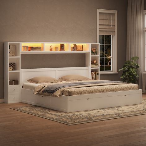 Lit avec rangement 180x200 cm, tête de lit avec étagères, 7 tiroirs, éclairage LED, structure MDF et contreplaqué, blanc (1/5)