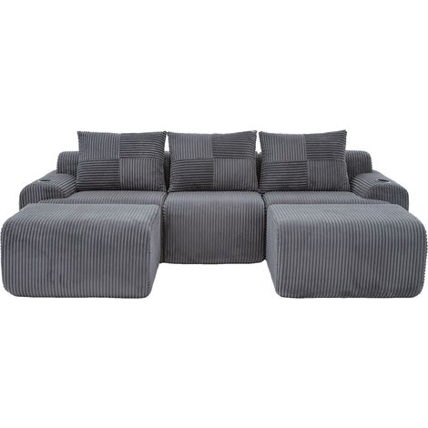 Canapé modulaire en velours côtelé pour 3 personnes (avec 2 poufs), modulable à volonté, avec porte-gobelet et poche de rangement latérale, idéal pour le salon, la salle familiale et d'autres pièces, 