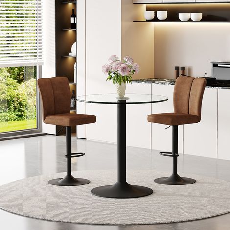 Ensemble bar modulable : table en verre 89 cm + 2 tabourets pivotants en tissu technique marron, structure métal noir, repose-pieds – pour intérieur (1/4)
