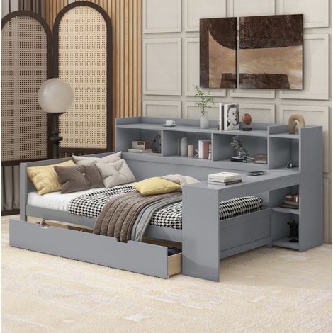 90x200 cm Daybed aus Holz und MDF in Grau mit Schreibtisch und USB, platzsparend – MEUBLIV (1/5)