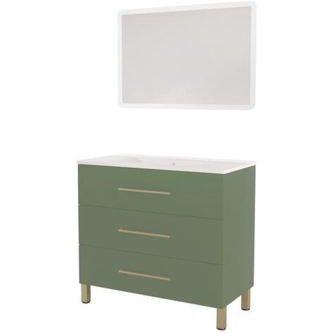 ONDEE ZEN - Meuble à poser MONACO - Dim 90cm - Vert Sauge - Mir ATHENA - Poignées Dorées