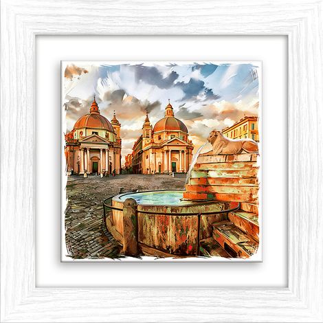 Lupia - Quadro moderno con paesaggi e localismi italiani, Ceramica e Stampa Rilievo, Cornice Legno Shabby Modern bianca, Decorazione Parete, Quadretti Soggiorno, 29x29 cm, ROMA PIAZZA DEL POPOLO (1/4)