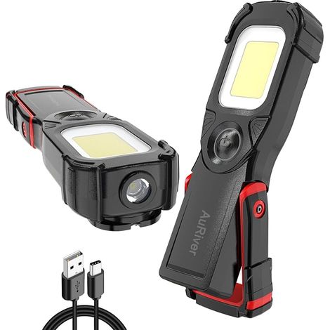 Linterna de trabajo LED recargable, lámpara de inspección frontal LED COB de 5 W con gancho y base magnética para coche, camping y emergencias (Negro/R) (1/5)