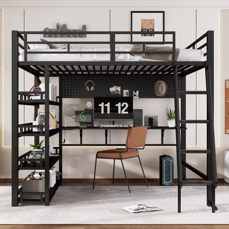Cama altillo 140x200 cm, con almacenamientos y puerto de carga, de metal, negro, sin colchón (1/5)
