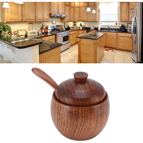 Boîte de Rangement pour Épices en Bois avec Cuillère et Couvercle, Récipient pour Sucre et Sel, Accessoire de Cuisine
