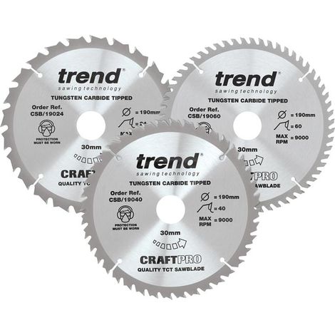 Trend CraftPro Saw Blade 190 x 30mm x 24T/40T/60T (Pack 3) TRECSB190P3 (1/5)