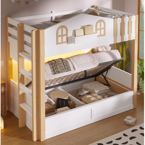Litera 90x200 cm estilo casa, con arcón hidráulico, LED y escalera reversible (1/5)