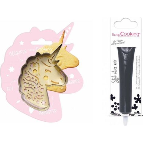 Kit pour biscuit en relief Licorne + Stylo au chocolat noir