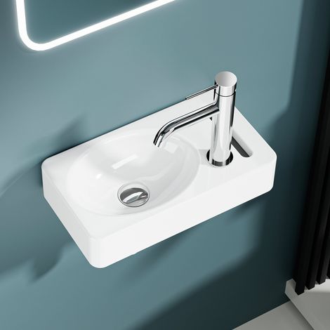 DILECI - Vasque lave-mains murale sortie droite avec porte-serviette intégré en céramique blanche (39,522cm) PORTO (1/5)