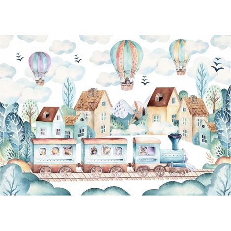 Papier peint pour enfants de style scandinave train, décoration murale avec motifs pour enfants – 150 x 105 cm Wallarena (1/4)