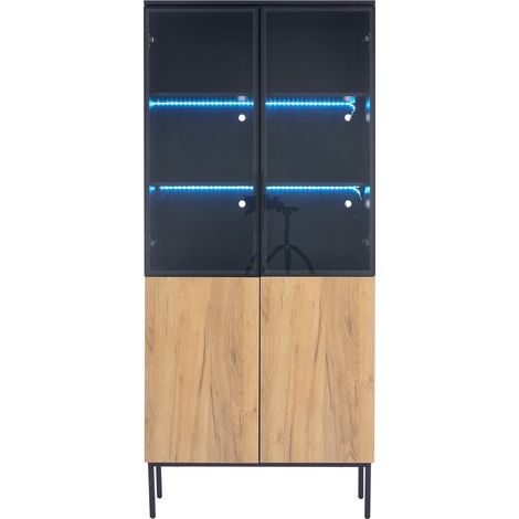Vitrine en verre avec LED 180 cm Noir et chêne 74 x 31 cm (1/5)