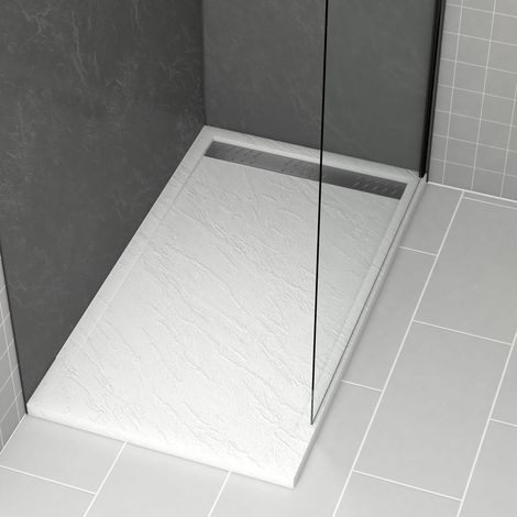 receveur en acrylique blanc effet pierre 80x140x5 cm + grilles linéaires chrome et gun metal